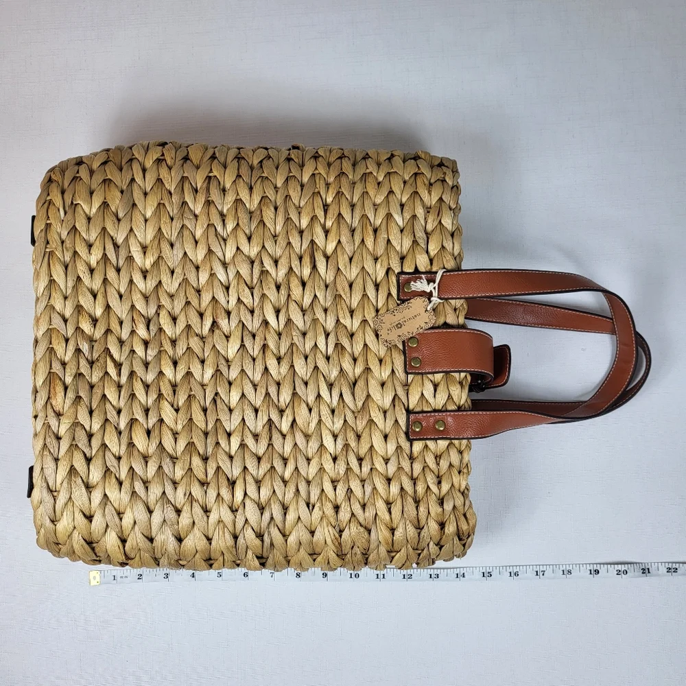 Natural Life Straw Backpack Tote BAG Floral Lined Water Hyacinth Woven Boho NWT